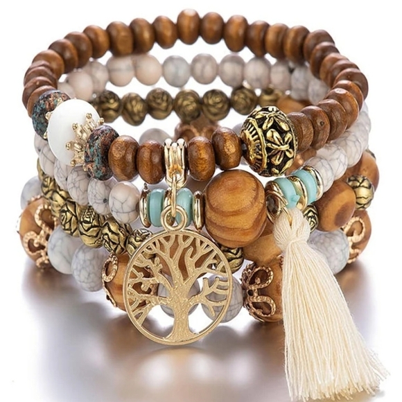 Jewelry - NEW‼️Bohemian Wooden Bead Bracelet Set with Gold Accents (4PCS)